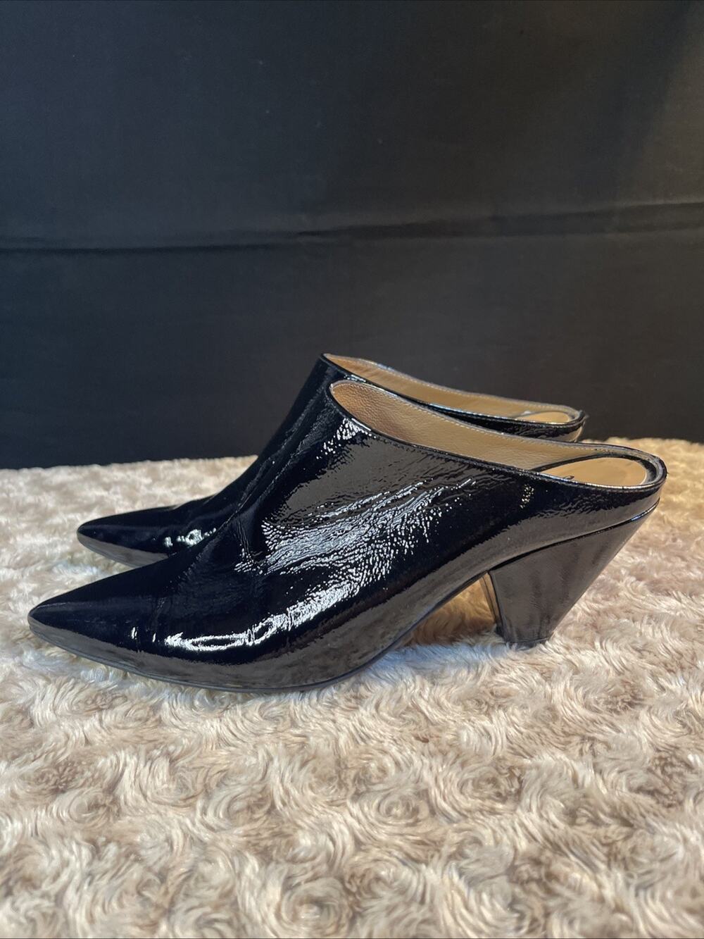 Free People Women’s Black Patent Leather Heeled Mules Size 37 Made In Spain